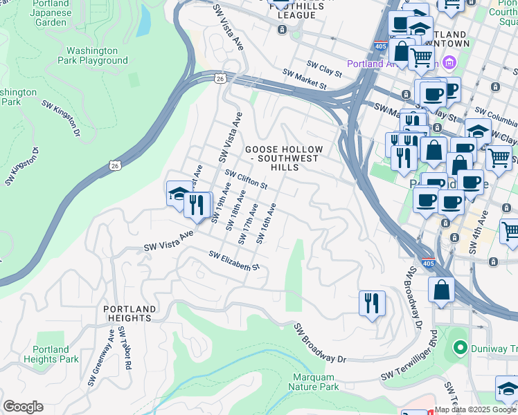 map of restaurants, bars, coffee shops, grocery stores, and more near 2240 Southwest 17th Avenue in Portland