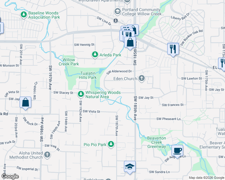 map of restaurants, bars, coffee shops, grocery stores, and more near Southwest Honeywood Court in Aloha