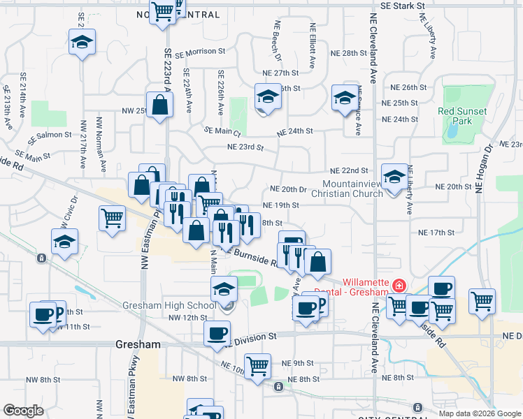 map of restaurants, bars, coffee shops, grocery stores, and more near 235 Northeast 18th Street in Gresham