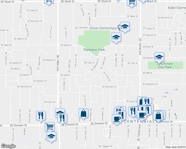 map of restaurants, bars, coffee shops, grocery stores, and more near 15425 Southeast Stephens Court in Portland