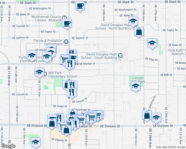 map of restaurants, bars, coffee shops, grocery stores, and more near 12614 Southeast Mill Street in Portland