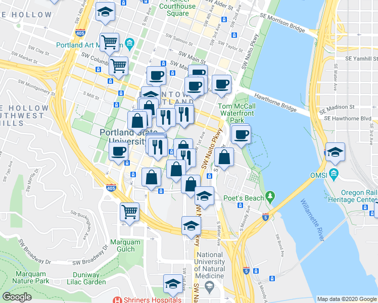 map of restaurants, bars, coffee shops, grocery stores, and more near 222 Southwest Harrison Street in Portland