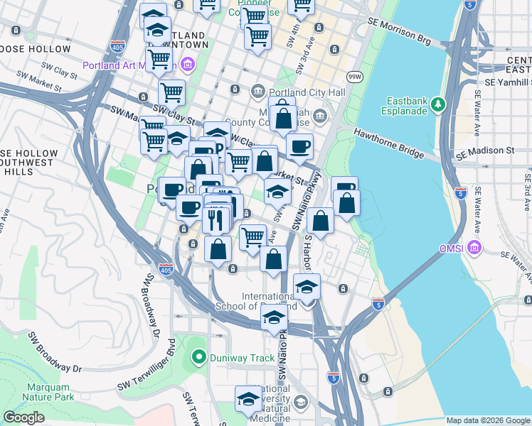 map of restaurants, bars, coffee shops, grocery stores, and more near in Portland