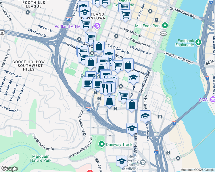 map of restaurants, bars, coffee shops, grocery stores, and more near 1881 Southwest 5th Avenue in Portland