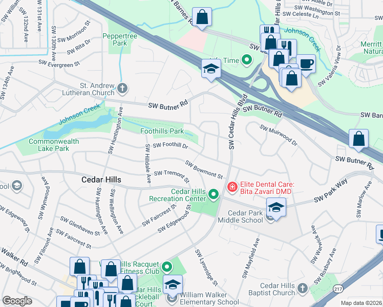 map of restaurants, bars, coffee shops, grocery stores, and more near 11905 Southwest Bowmont Street in Portland