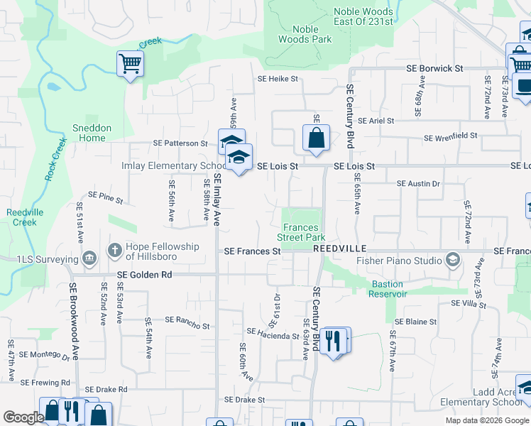 map of restaurants, bars, coffee shops, grocery stores, and more near 1326 Southeast 61st Place in Hillsboro