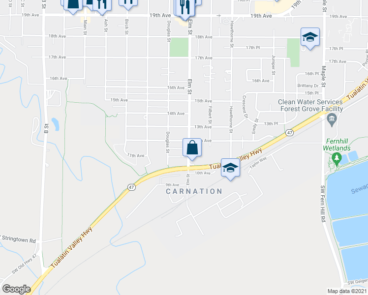 map of restaurants, bars, coffee shops, grocery stores, and more near 1112 Elm Street in Forest Grove