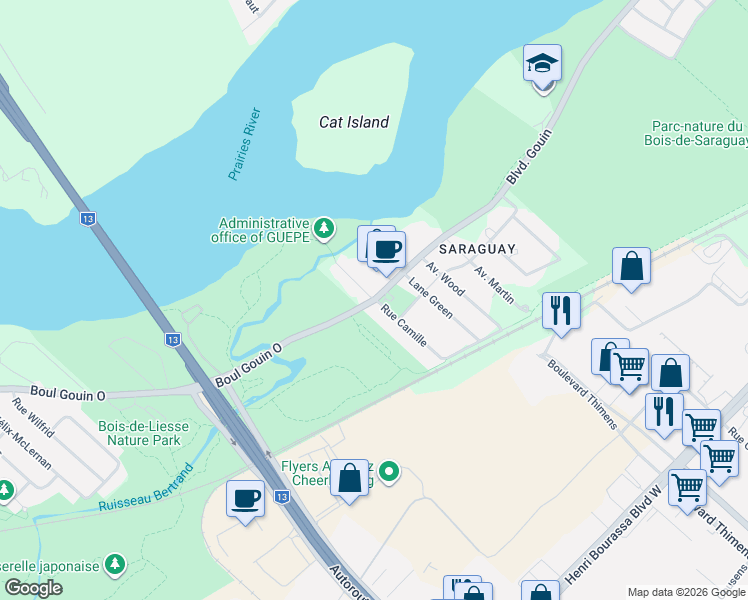 map of restaurants, bars, coffee shops, grocery stores, and more near 9315 Boulevard Gouin Ouest in Montréal