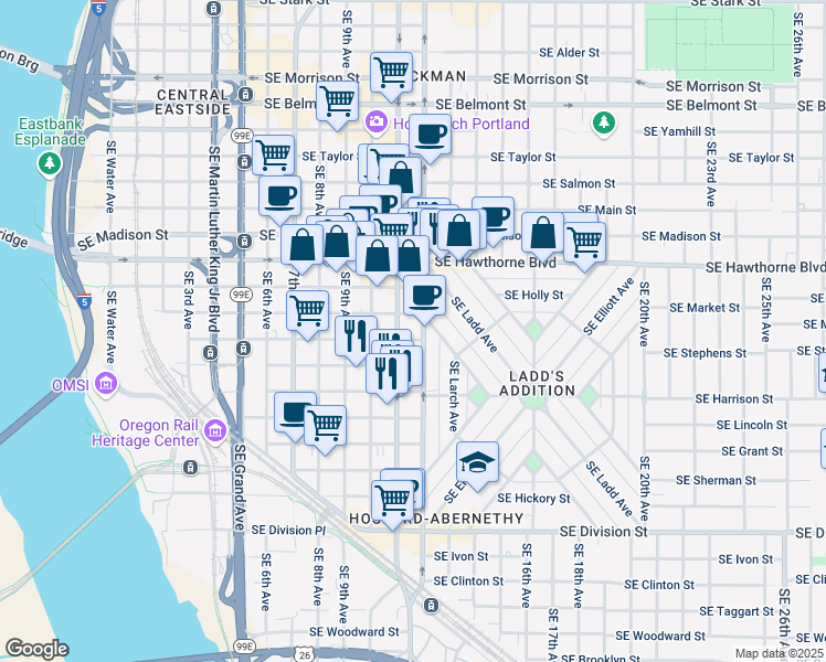 map of restaurants, bars, coffee shops, grocery stores, and more near 1802 Southeast 12th Avenue in Portland