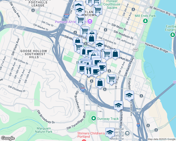 map of restaurants, bars, coffee shops, grocery stores, and more near in Portland