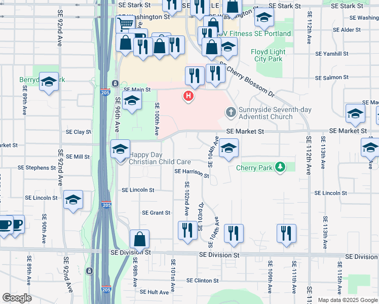 map of restaurants, bars, coffee shops, grocery stores, and more near 10208 Southeast Mill Court in Portland