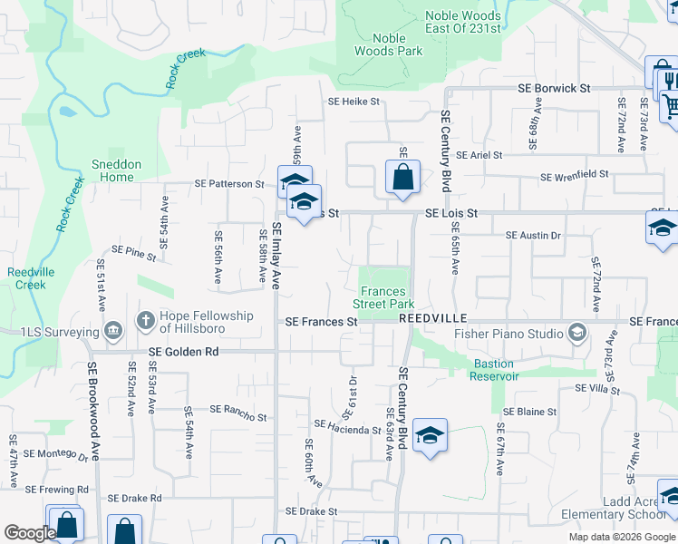 map of restaurants, bars, coffee shops, grocery stores, and more near 1326 Southeast 61st Place in Hillsboro