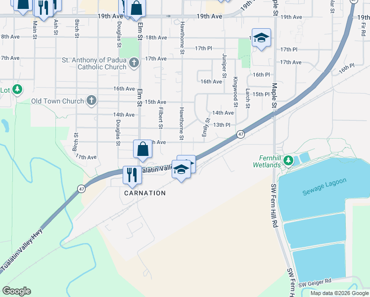 map of restaurants, bars, coffee shops, grocery stores, and more near 1119 Hawthorne Street in Forest Grove