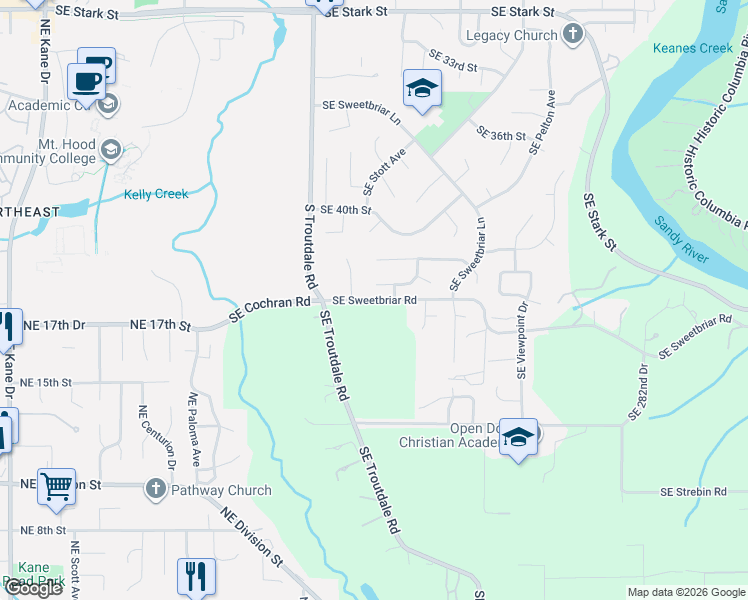 map of restaurants, bars, coffee shops, grocery stores, and more near Southeast Sweetbriar Road in Troutdale