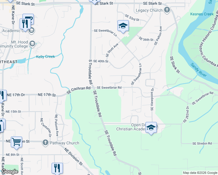 map of restaurants, bars, coffee shops, grocery stores, and more near 4350 Southeast Jennifer Court in Troutdale