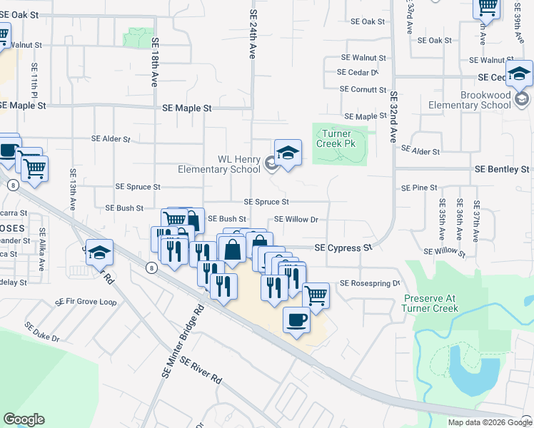 map of restaurants, bars, coffee shops, grocery stores, and more near 2461 Southeast Willow Drive in Hillsboro