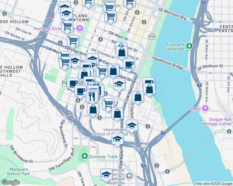 map of restaurants, bars, coffee shops, grocery stores, and more near in Portland