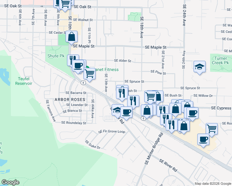 map of restaurants, bars, coffee shops, grocery stores, and more near 1508 Southeast Bush Street in Hillsboro