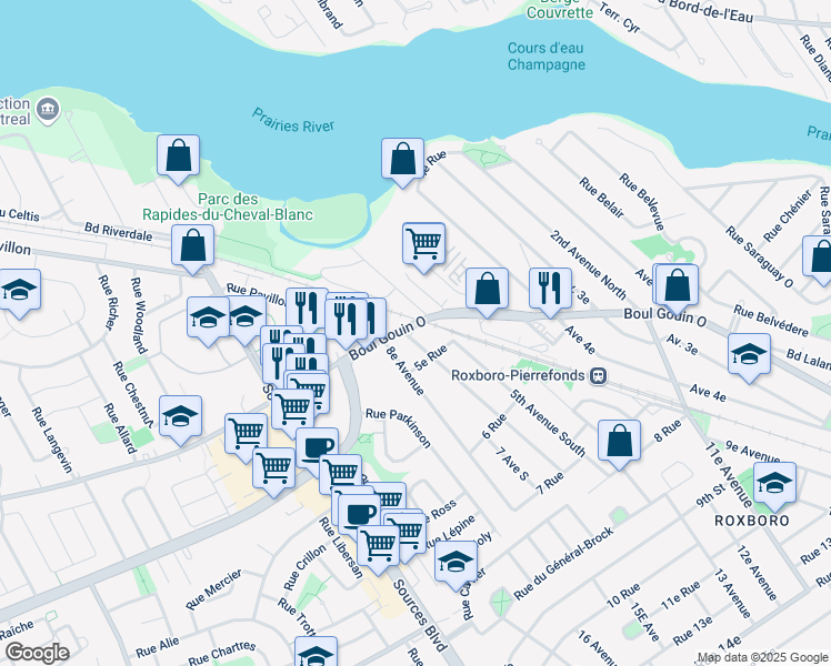 map of restaurants, bars, coffee shops, grocery stores, and more near 11400 Gouin Boulevard West in Montreal
