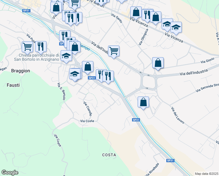 map of restaurants, bars, coffee shops, grocery stores, and more near 36 Via Montorso in Arzignano