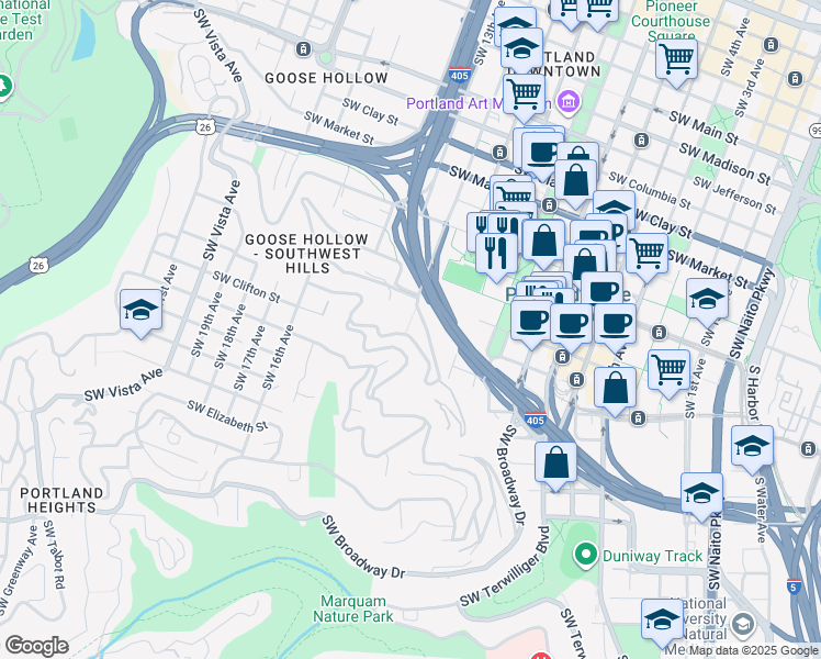 map of restaurants, bars, coffee shops, grocery stores, and more near 1295 Southwest Cardinell Drive in Portland