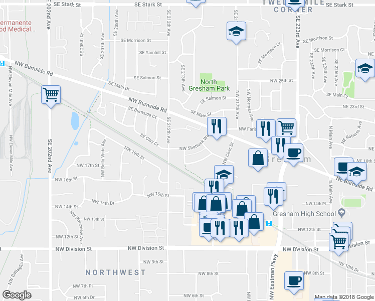 map of restaurants, bars, coffee shops, grocery stores, and more near 1996 Northwest Florence Avenue in Gresham