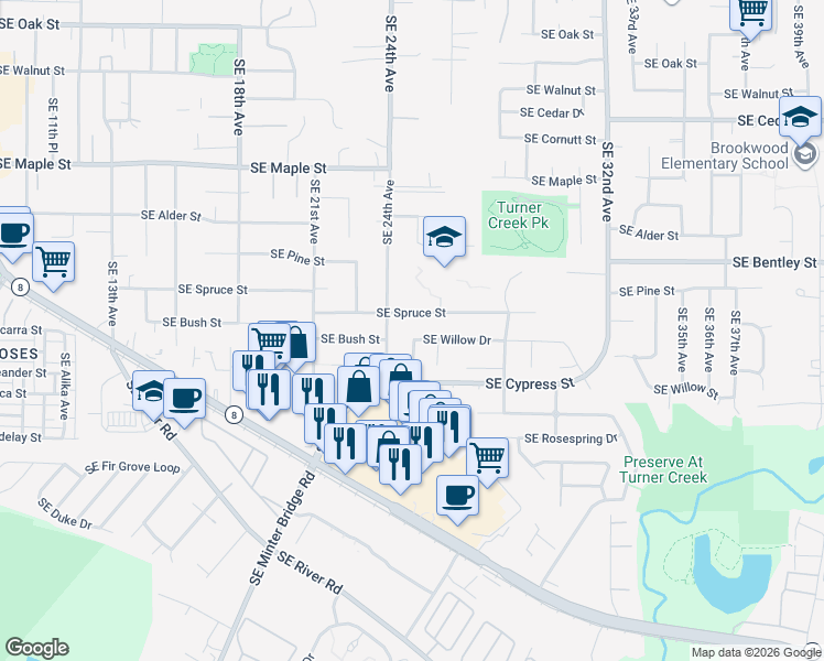 map of restaurants, bars, coffee shops, grocery stores, and more near 2461 Southeast Willow Drive in Hillsboro