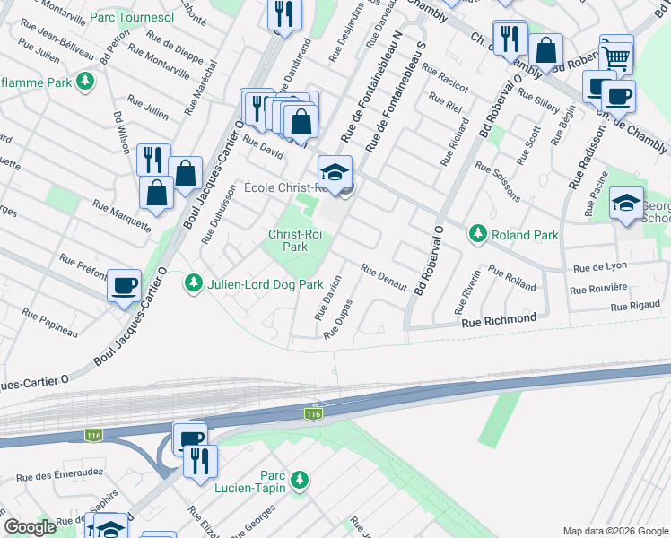map of restaurants, bars, coffee shops, grocery stores, and more near 909 Rue Davion in Longueuil
