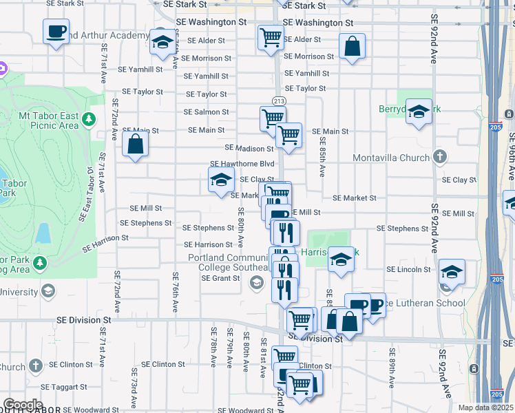 map of restaurants, bars, coffee shops, grocery stores, and more near 8045 Southeast Mill Street in Portland