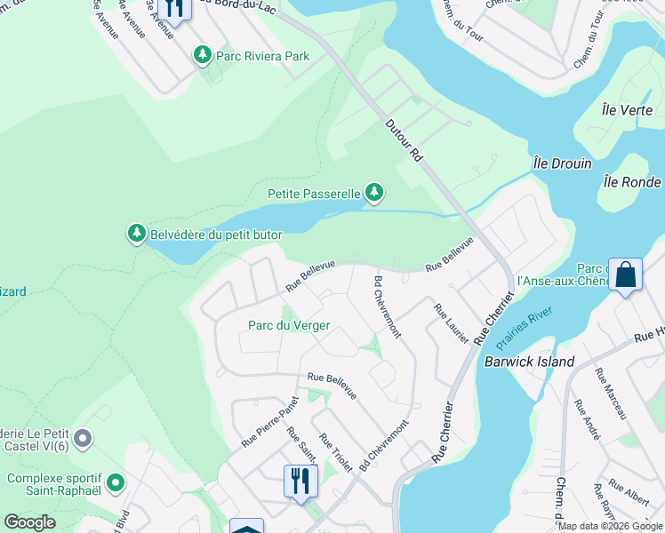 map of restaurants, bars, coffee shops, grocery stores, and more near 1073 Rue Bellevue in Montréal
