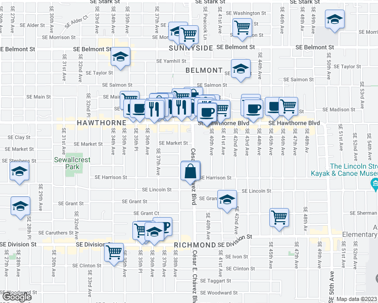 map of restaurants, bars, coffee shops, grocery stores, and more near 1727 Southeast Cesar E Chavez Boulevard in Portland