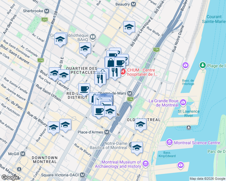 map of restaurants, bars, coffee shops, grocery stores, and more near 1071 Avenue de l'Hôtel-de-Ville in Montréal