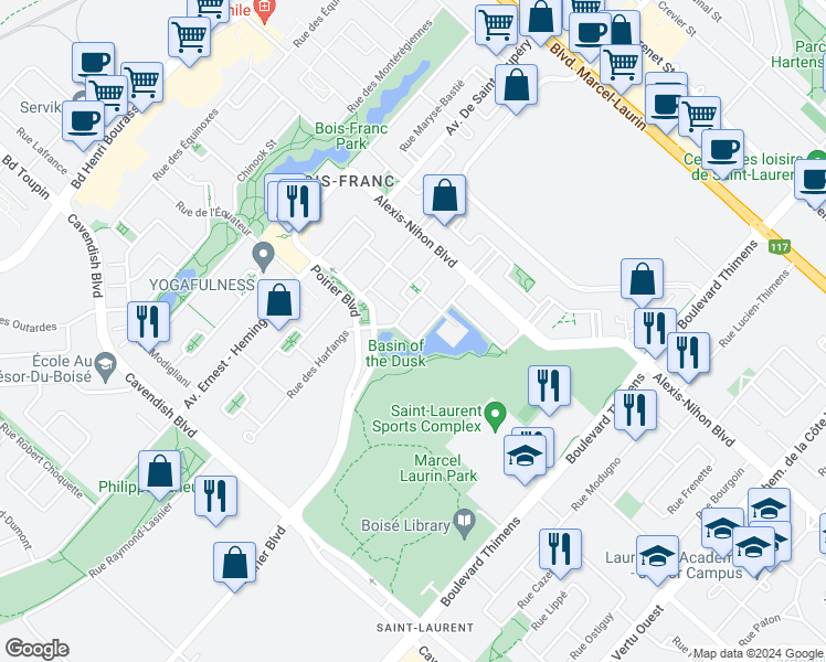 map of restaurants, bars, coffee shops, grocery stores, and more near 2475 Rue des Harfangs in Montréal