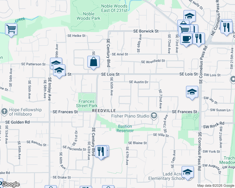 map of restaurants, bars, coffee shops, grocery stores, and more near 6612 Southeast Gladys Street in Hillsboro
