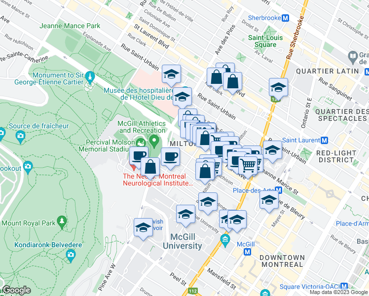 map of restaurants, bars, coffee shops, grocery stores, and more near 3683 Rue Hutchison in Montrã©Al