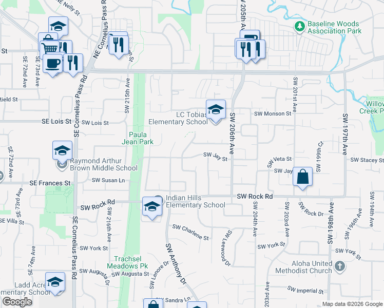 map of restaurants, bars, coffee shops, grocery stores, and more near 20865 Southwest Jay Street in Beaverton