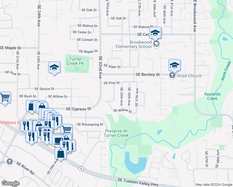 map of restaurants, bars, coffee shops, grocery stores, and more near 1208 Southeast 34th Avenue in Hillsboro