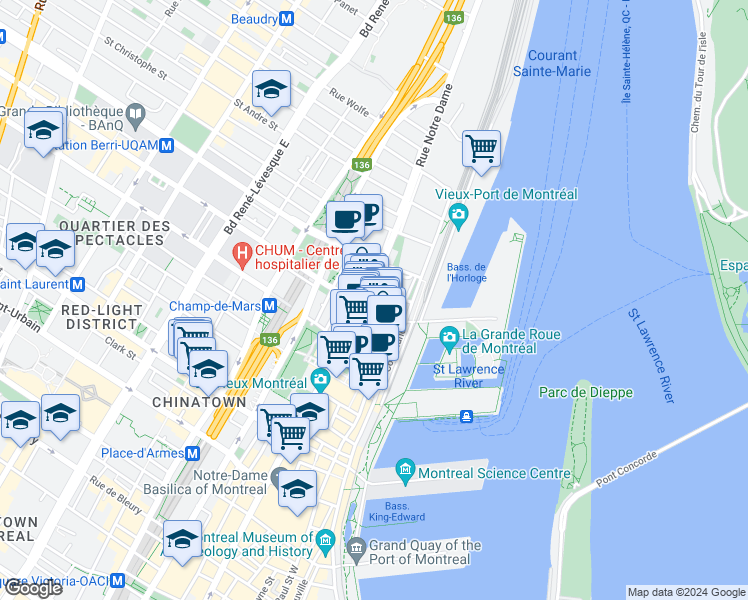 map of restaurants, bars, coffee shops, grocery stores, and more near 418 Notre-Dame Street East in Estate