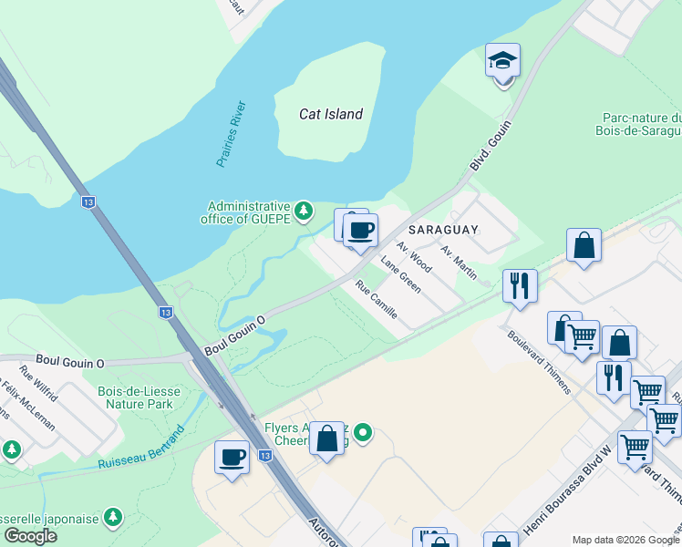 map of restaurants, bars, coffee shops, grocery stores, and more near 9315 Boulevard Gouin Ouest in Montréal