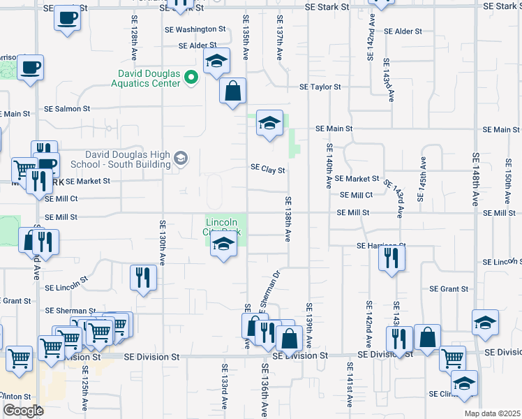 map of restaurants, bars, coffee shops, grocery stores, and more near 1820 Southeast 135th Avenue in Portland