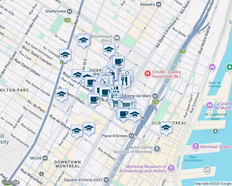 map of restaurants, bars, coffee shops, grocery stores, and more near 109 Charlotte Street in Montreal