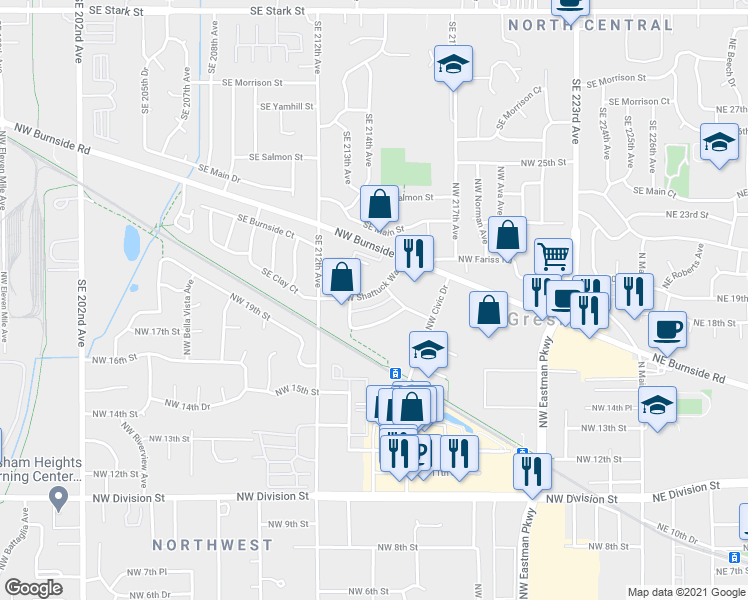 map of restaurants, bars, coffee shops, grocery stores, and more near 844 Northwest Council Drive in Gresham
