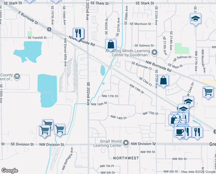 map of restaurants, bars, coffee shops, grocery stores, and more near 1740 Northwest Wonderview Avenue in Gresham