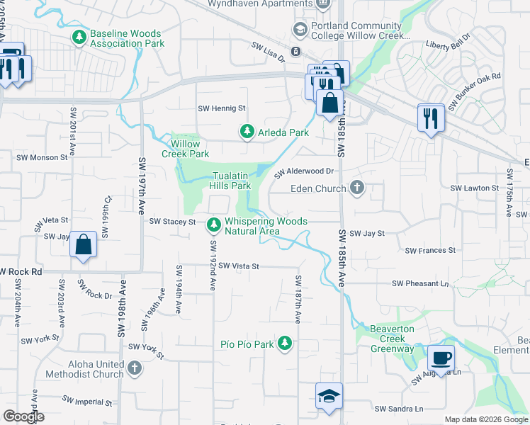 map of restaurants, bars, coffee shops, grocery stores, and more near 18890 Southwest Honeywood Drive in Beaverton