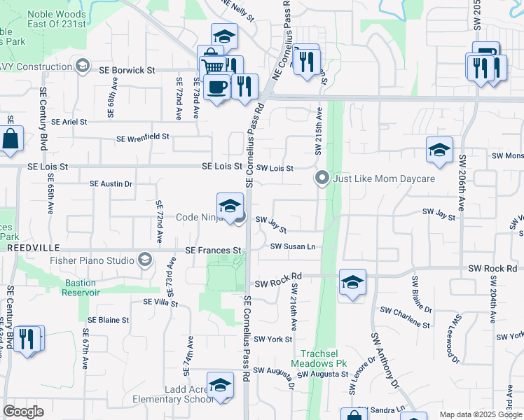map of restaurants, bars, coffee shops, grocery stores, and more near 21750 Southwest Jay Street in Aloha