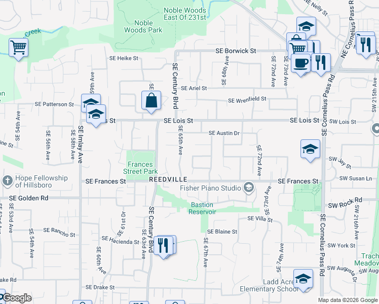 map of restaurants, bars, coffee shops, grocery stores, and more near 6612 Southeast Gladys Street in Hillsboro