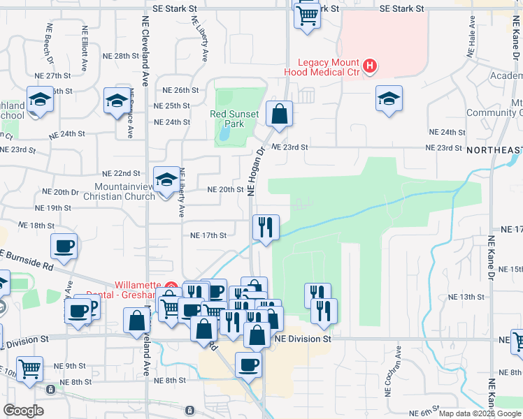 map of restaurants, bars, coffee shops, grocery stores, and more near 1784 Northeast 19th Street in Gresham