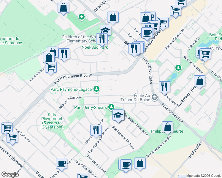 map of restaurants, bars, coffee shops, grocery stores, and more near in Montreal