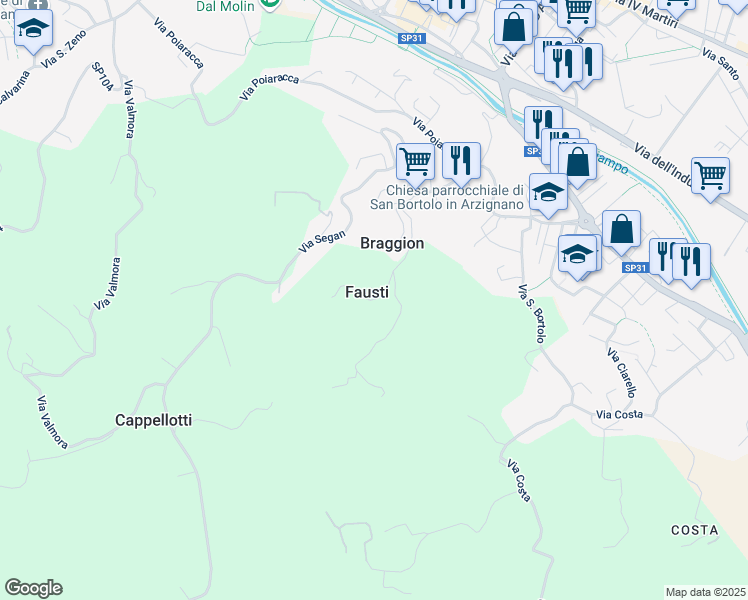 map of restaurants, bars, coffee shops, grocery stores, and more near 30 Via Prianti in Fausti