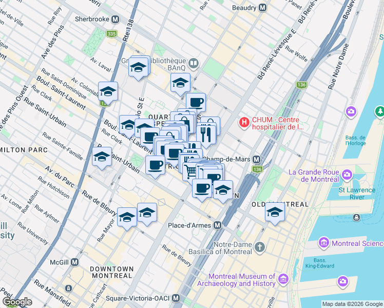map of restaurants, bars, coffee shops, grocery stores, and more near 109 Charlotte Street in Montreal